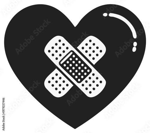 Black heart shape with crossed bandages vector illustration
