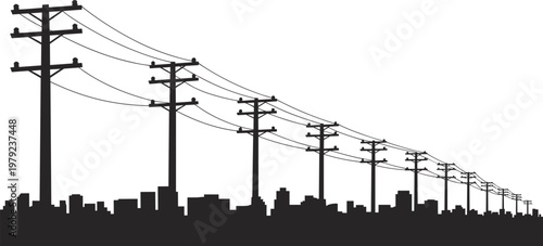 Power lines and utility poles over city skyline silhouette, urban electricity distribution network concept, energy infrastructure and transmission system isolated on white background illustration