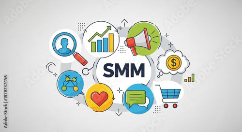 A colorful vector graphic illustration of social media marketing icons and symbols surrounding the acronym SMM