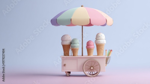 Delightful Ice Cream Cart with Pastel Umbrella and Cones Displayed in a Minimalist Setting
