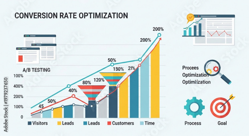 A vector graphic illustrating conversion rate optimization with a bar chart and icons representing process, goal, and A/B testing