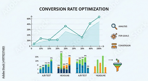 A vector graphic illustrating conversion rate optimization with a line graph and bar charts