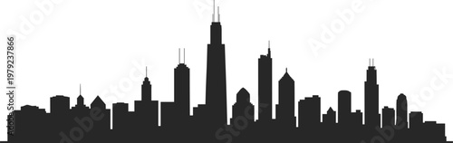 Urban city skyline silhouette with modern skyscrapers, downtown architecture panorama, metropolitan landscape concept, business district buildings isolated on white background