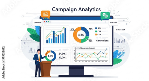 A businessman presents campaign analytics on a large computer monitor with graphs and charts