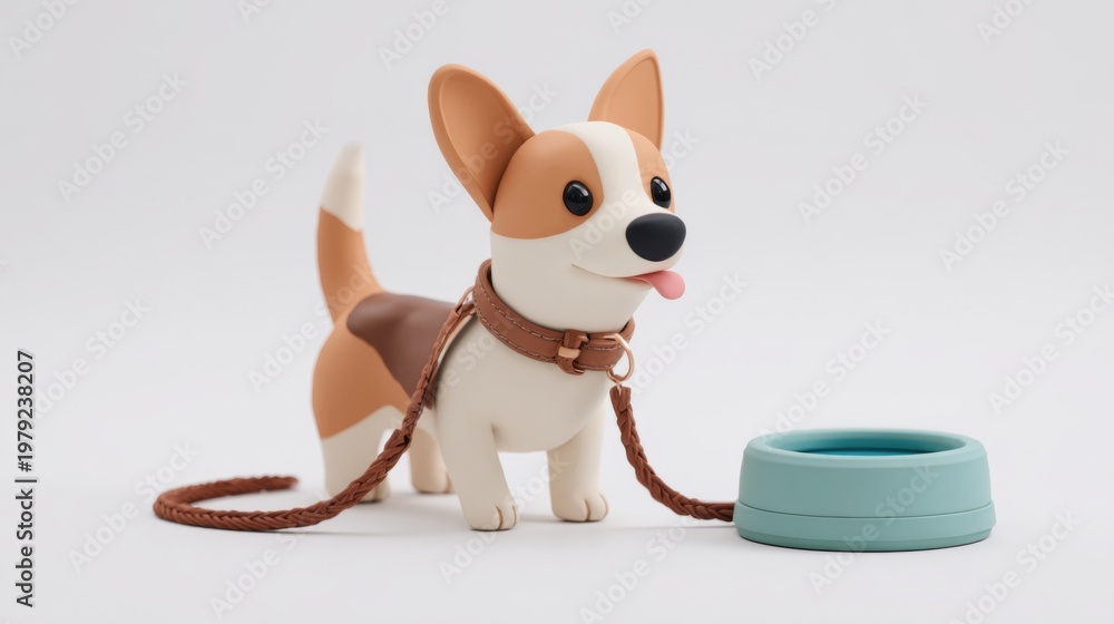 Fototapeta premium Playful Dog with Leash and Water Bowl in Minimal Clay Style for Charming Pet Scenes