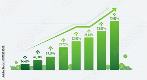 A green bar graph showing a steady increase in growth and profit with a rising trend line and upward arrows