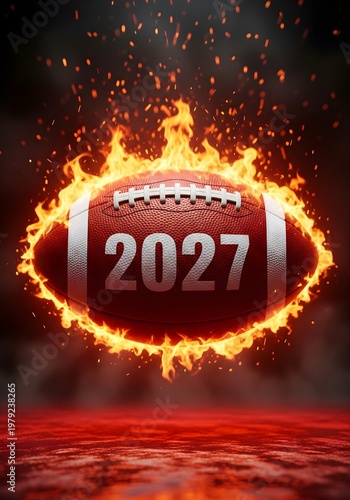 American football with the year 2027 on fire, dramatic lighting for sports event promotion.