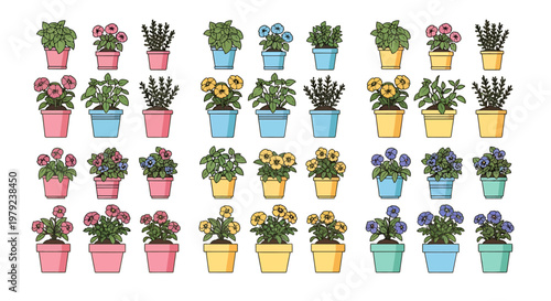 Collection of potted plants with colorful flowers, including daisies and lavender, suitable for home decoration and gardening enthusiasts