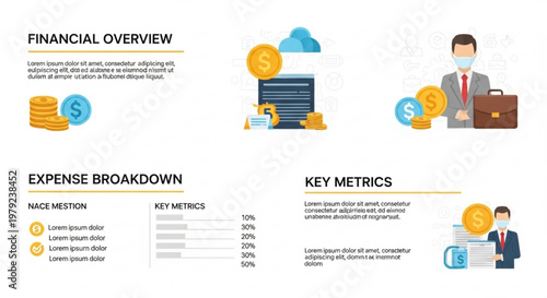 A vector graphic illustration of a financial overview template with expense breakdown and key metrics
