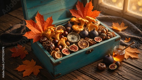 Cofanetto autunnale con funghi finferli, fichi freschi e foglie di acero