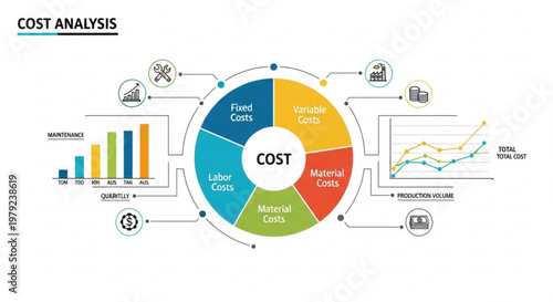 A colorful vector graphic illustrating a cost analysis diagram with various charts and graphs