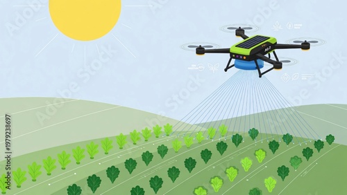 Drone agricolo intelligente che monitora le colture in un campo soleggiato.