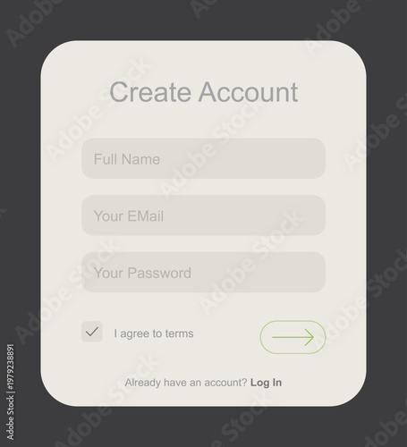 A modern create account form on a dark background with a white rounded rectangle