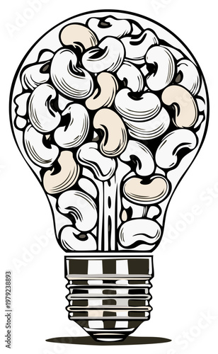 Illustration of a lightbulb filled with beans, representing creative ideas and food.