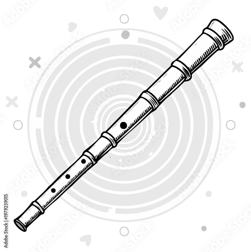 Illustration of a baroque wooden recorder flute with finger holes and flared bell