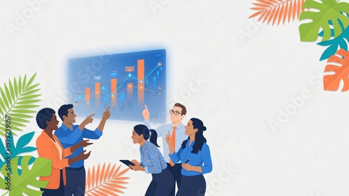 Team aziendale multiculturale che analizza grafici di crescita finanziaria.