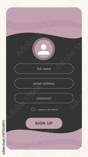 A mobile phone screen displaying a simple sign up form with a pink and black design