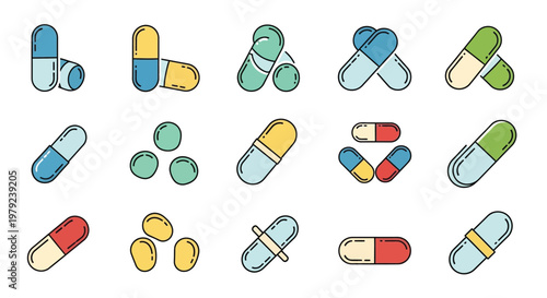Colorful assortment of pills and capsules in a flat vector style