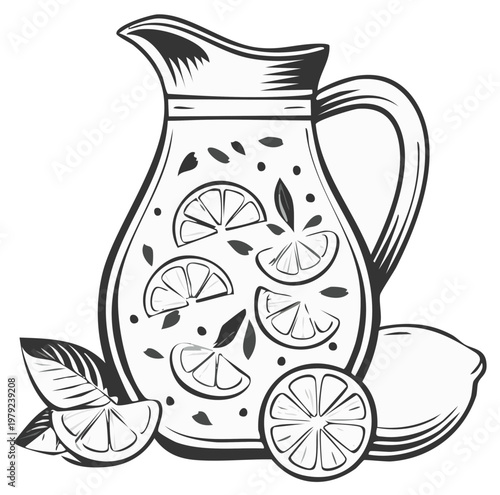 Refreshing lemon juice in a pitcher with sliced lemons and leaves in monochrome vector illustration