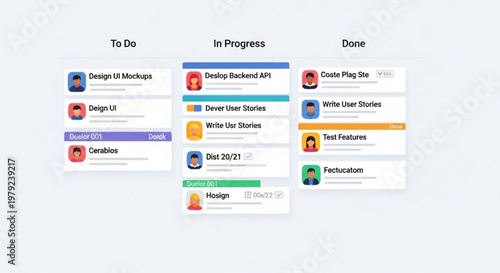 A vector graphic illustrating a project management board with to-do, in-progress, and done tasks in a modern design style