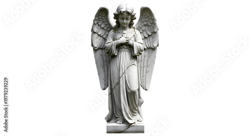 Serene white stone angel statue with wings and hands clasped on transparent background