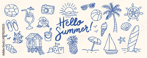 手書きの夏モチーフイラストセット