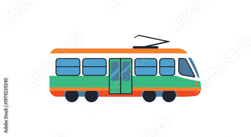 Stylized illustration of an orange and green city tram on tracks