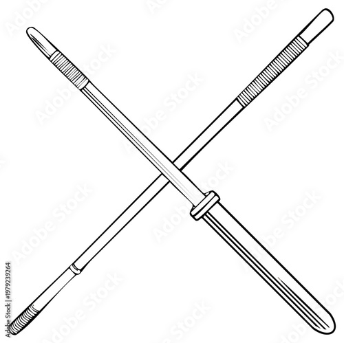 Crossed Japanese shinai bamboo swords for kendo martial arts practice line art illustration