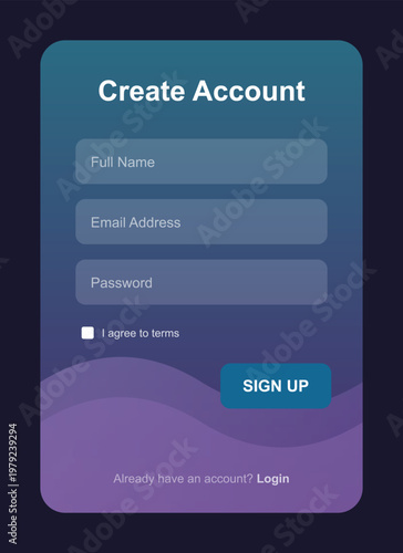 A mobile app screen displaying a create account form with a sign up button