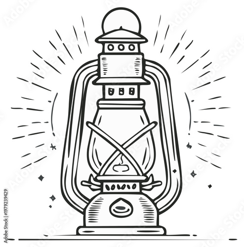 Vintage kerosene lantern emitting radiating light rays in a hand drawn artistic style