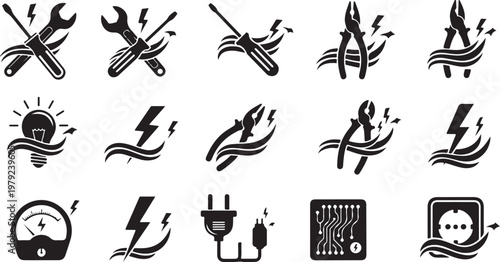 Electricity and tools icons in black and white