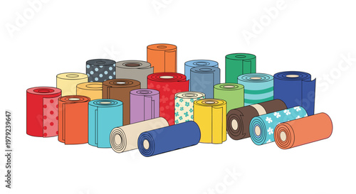 Diverse collection of vibrant fabric rolls featuring intricate polka dot patterns and floral designs scattered across a clean light beige studio background.