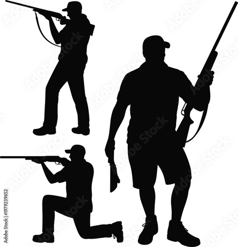 Hunting Silhouette Set Featuring Men with Shotguns in Standing, Kneeling, and Walking Poses for Outdoor Sport Design