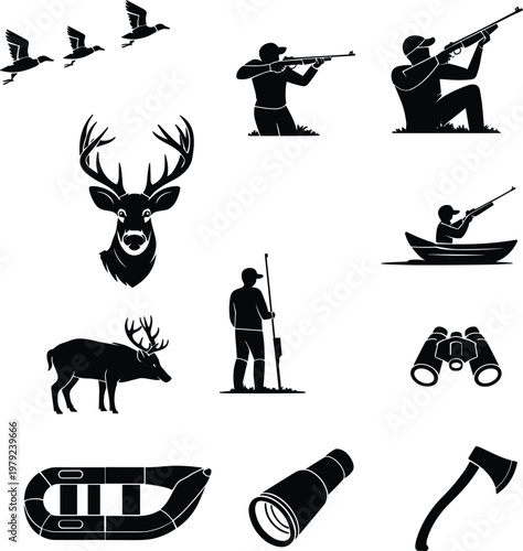 Hunting Silhouette Bundle with Deer Buck, Flying Ducks, Kayak Hunter, Binoculars, Inflatable Boat, Axe, and Rifle Shooting Gear