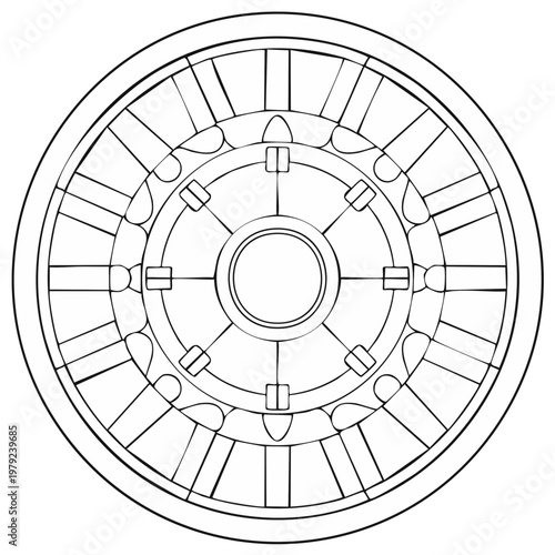 Circular geometric mandala illustration in black and white. Round design with lines, shapes, and symmetry. Intricate pattern for coloring or decoration.