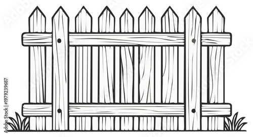Outline drawing of wooden fence with pointed picket posts and grass illustration vector