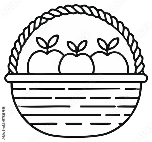 Hand drawn sketch of a woven basket filled with three apples and green leaves