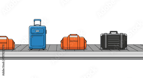 Selection of travel bags including a blue suitcase, orange duffel bags, and a black hard-shell case moving along a grey airport baggage claim conveyor belt.
