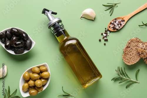 Bowls with ripe olives, bre...
