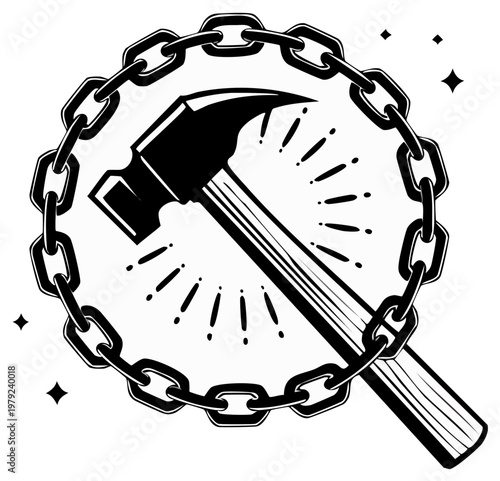 Hammer enclosed in chain circle with sunburst effect, industrial design