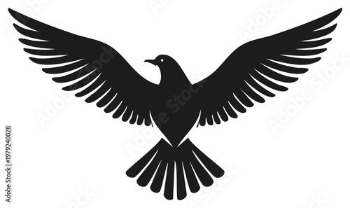 Dramatic vector graphic: Silhouette of bird flying in the wind, isolated bird with open wings