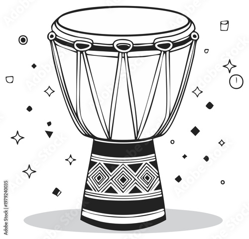 African Djembe Drum Illustration Traditional Percussion Instrument Design with Ornate Base and Decorative Geometric Shapes