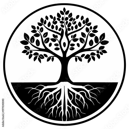 Stylized Tree of Life with Exposed Roots and Lush Foliage Inside a Circle Emblem