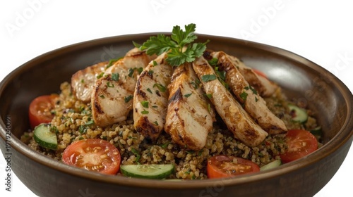 Grilled chicken breast slices on quinoa salad with tomatoes cucumbers and herbs in a brown bowl gourmet healthy meal