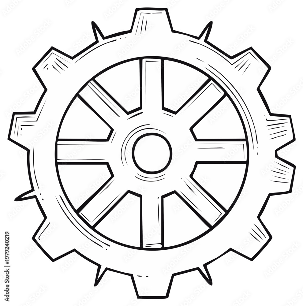 Obraz premium Hand drawn industrial gear cogwheel in a sketchy black and white line art style