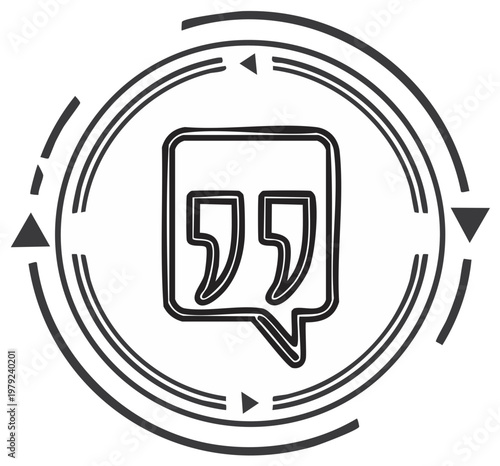 Speech bubble with quotation marks symbol representing communication and dialogue inside a circular abstract graphic