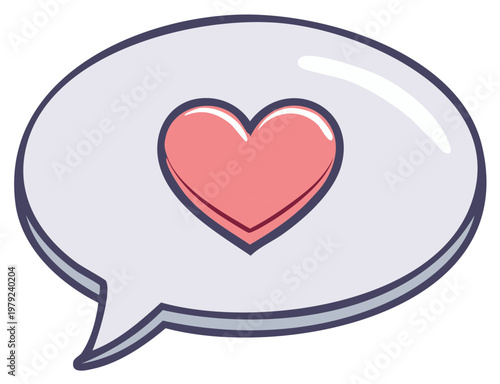 Glossy chat bubble with pink heart icon for love messages and social media notifications