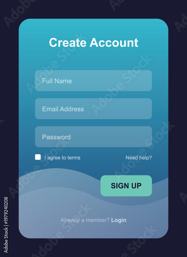 A mobile app screen with a create account form and sign up button