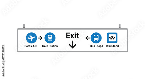 A modern airport information signage board hanging from above with clear blue icons for gates and public transportation options on a white background.