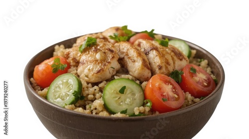 Delicious and nutritious grilled chicken salad bowl with quinoa tomatoes cucumbers and fresh herbs on white background
